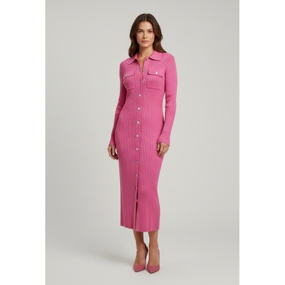 NEW Pink Knit Maxi Dress XL Long Sleeve Button‎ Down Collar Ribbed Bodycon